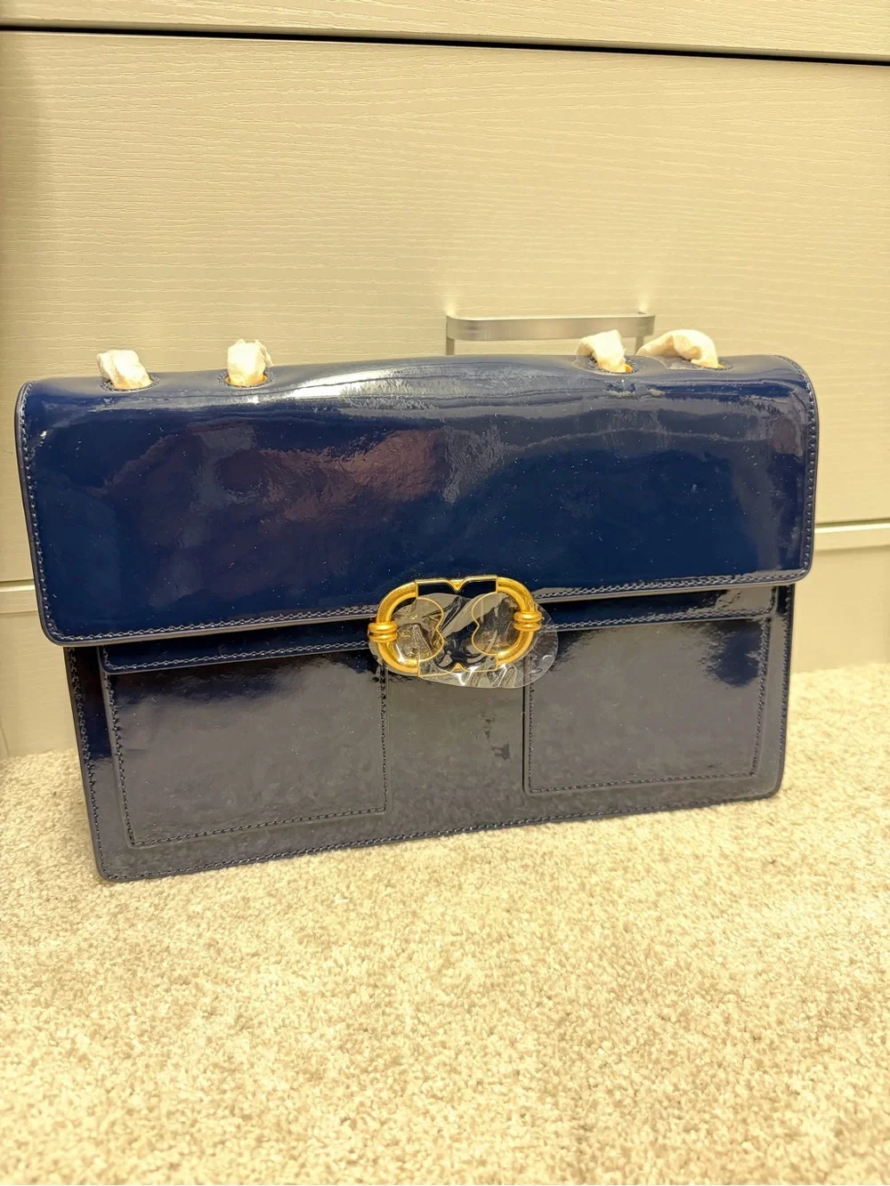 Tory Burch Patent Leather Shoulder Bag in Deep Navy with Gold Hardware